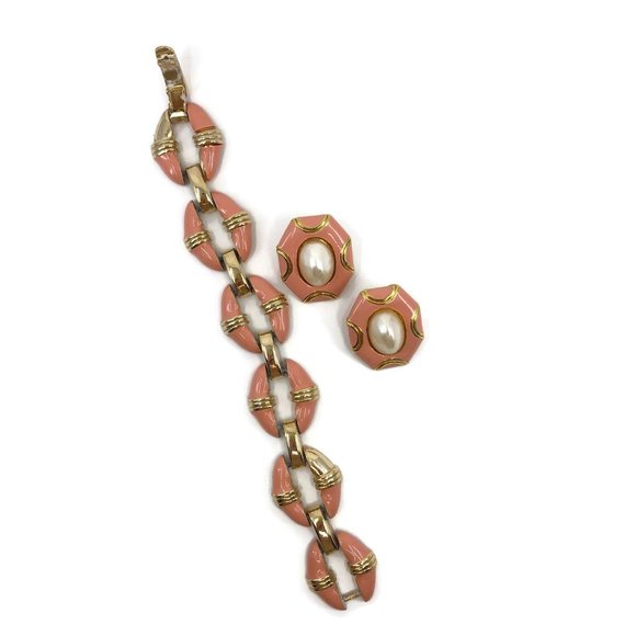 Donald Stannard Bracelet and Earring Set Gold with Coral Enamel and Faux Pearl, - Picture 7 of 10